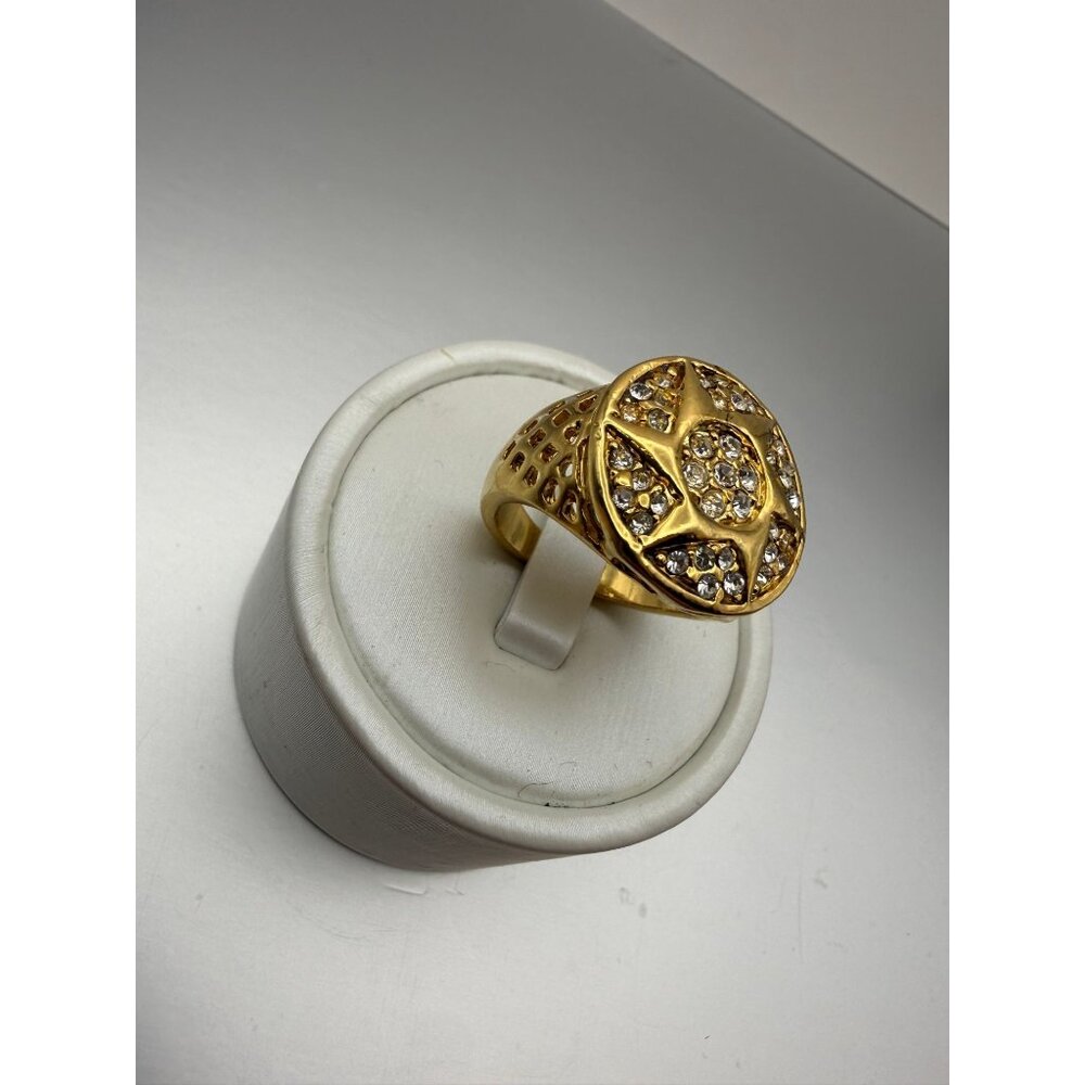 Bold Gold Tone Rhinestone Starburst Signet Ring Size 12 | Vintage Patina Stateme - Picture 7 of 11